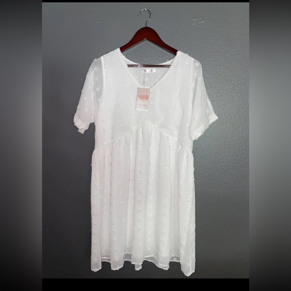 C2II KIRUNDO Summer Women’s Short Sleeves Dress V Neck Flowy Casual White Medium